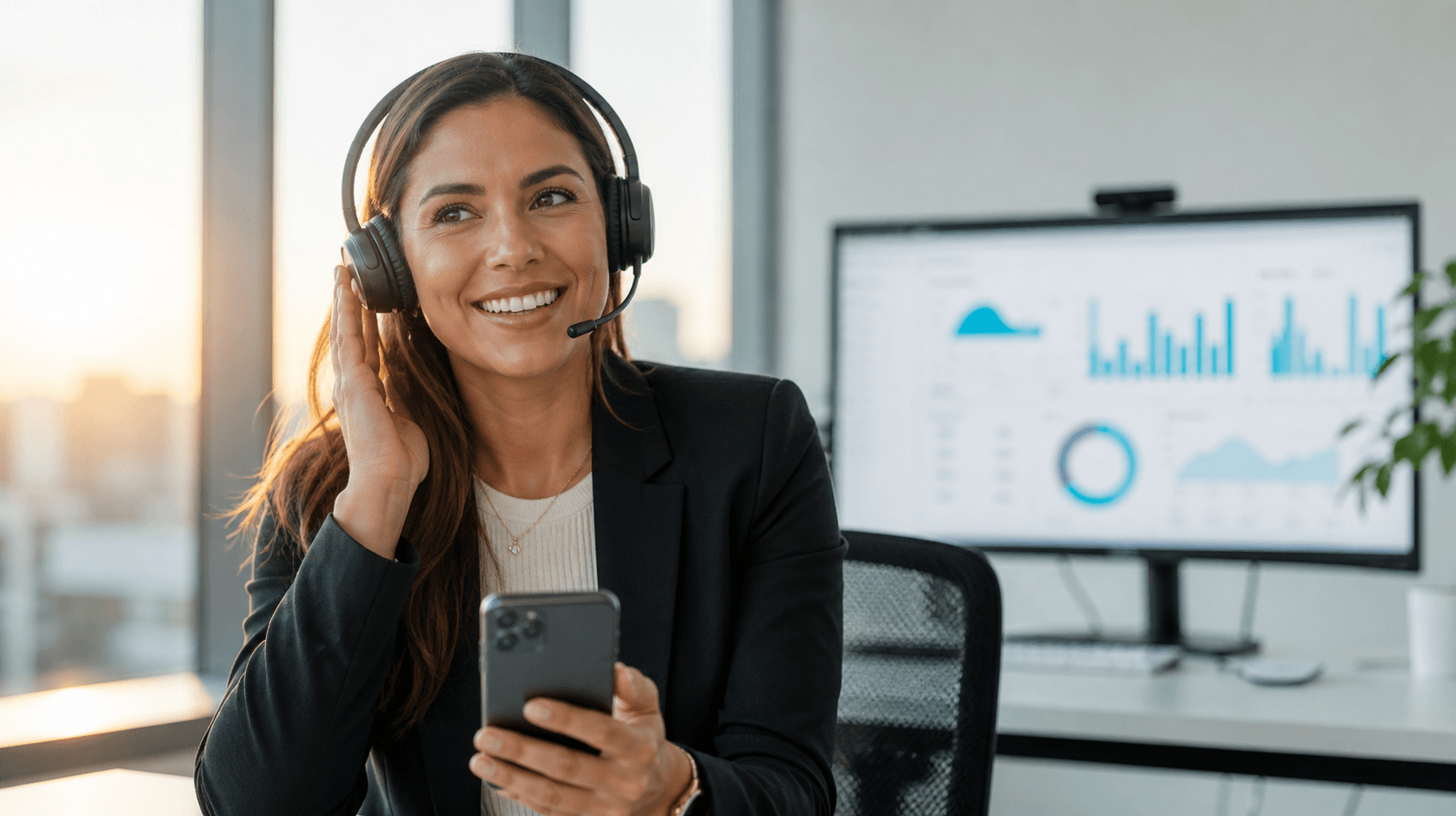 Profesional con headset atendiendo llamadas con un agente de voz IA de COGNITEX